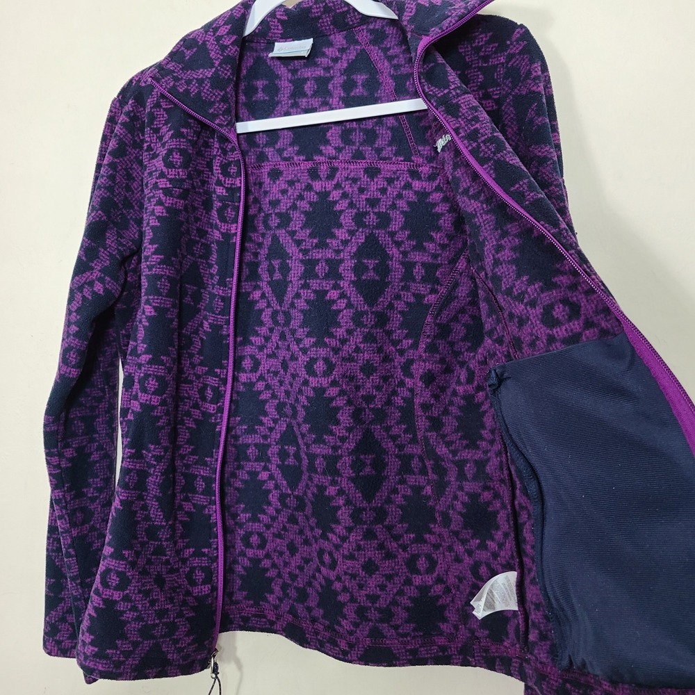 Columbia Purple Black Geometric Fleece S Full‎ Zip Jacket Granola Girl Winter - Picture 8 of 11